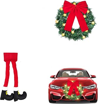 YIXIN 6 Piece Car Reindeer Antlers Kit Christmas Ornament with LED Lights Hanging Santa Legs and Christmas Wreath Auto Accessories Christmas Car Decorations red-6pcs