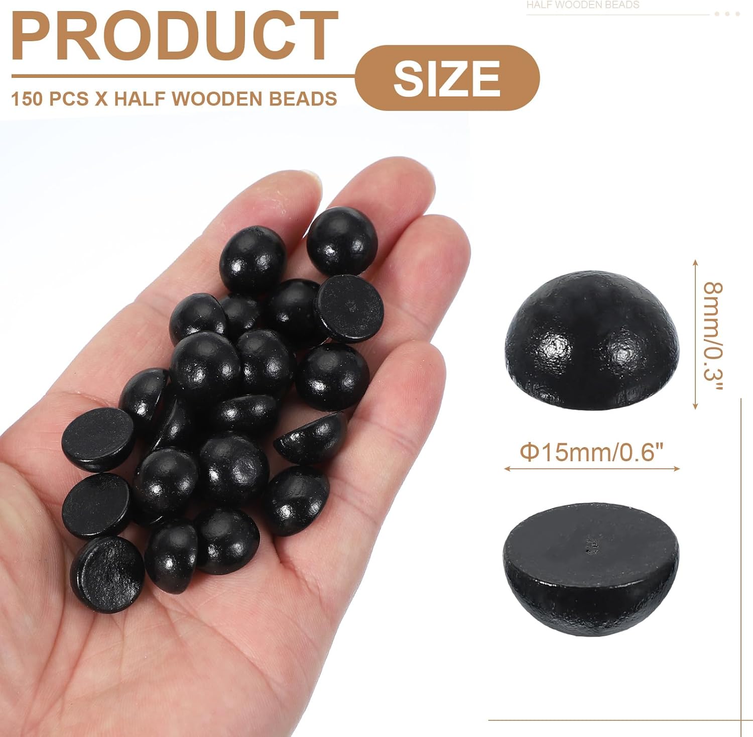 uxcell 150 Pcs Half Wooden Beads, 0.6 Inch(15mm) Unfinished Natural Split Wood Balls, Wooden Half Sphere for Paint DIY Crafts Art Projects Party Decoration, Black - Image 2