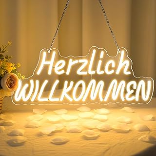 Herzlich Willkommen Neon Schild, Warmweiß Welcome LED Schild für Türfenster, USB Willkommen Leuchtschild für Eingang Café Bar Garten Restaurant Hotel Hochzeit Party Türschild