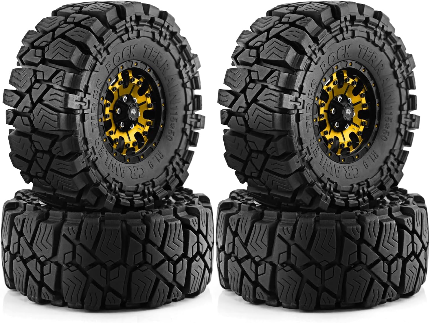 1.9 beadlock Wheels and Tires Set， Rubber 1.9 Crawler Tires and Aluminum Alloy Wheels，1.9 Tires for 1/10 RC Crawler Car Axial SCX10 90046 SCX10 III Traxxas TRX4 TRX6 Tamiya CC01 D90（4pcs） (Golden)