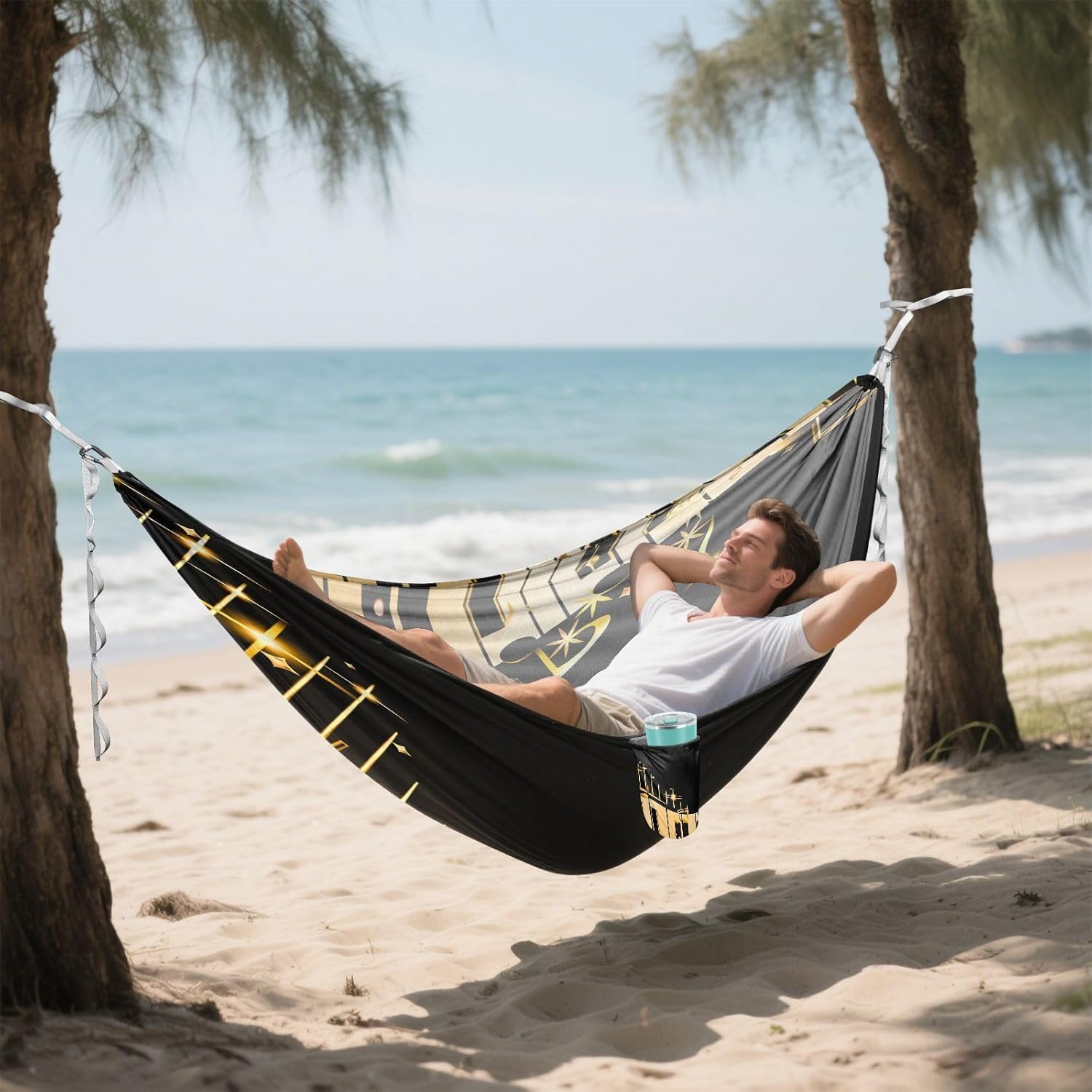 ALAZA Gold Music Notes Piano Keys Camping Hammocks Single or 2 Person 500 lbs Portable Parachute Travel Hammock w/Tree Straps for Hiking Backpacking Indoor Outdoor