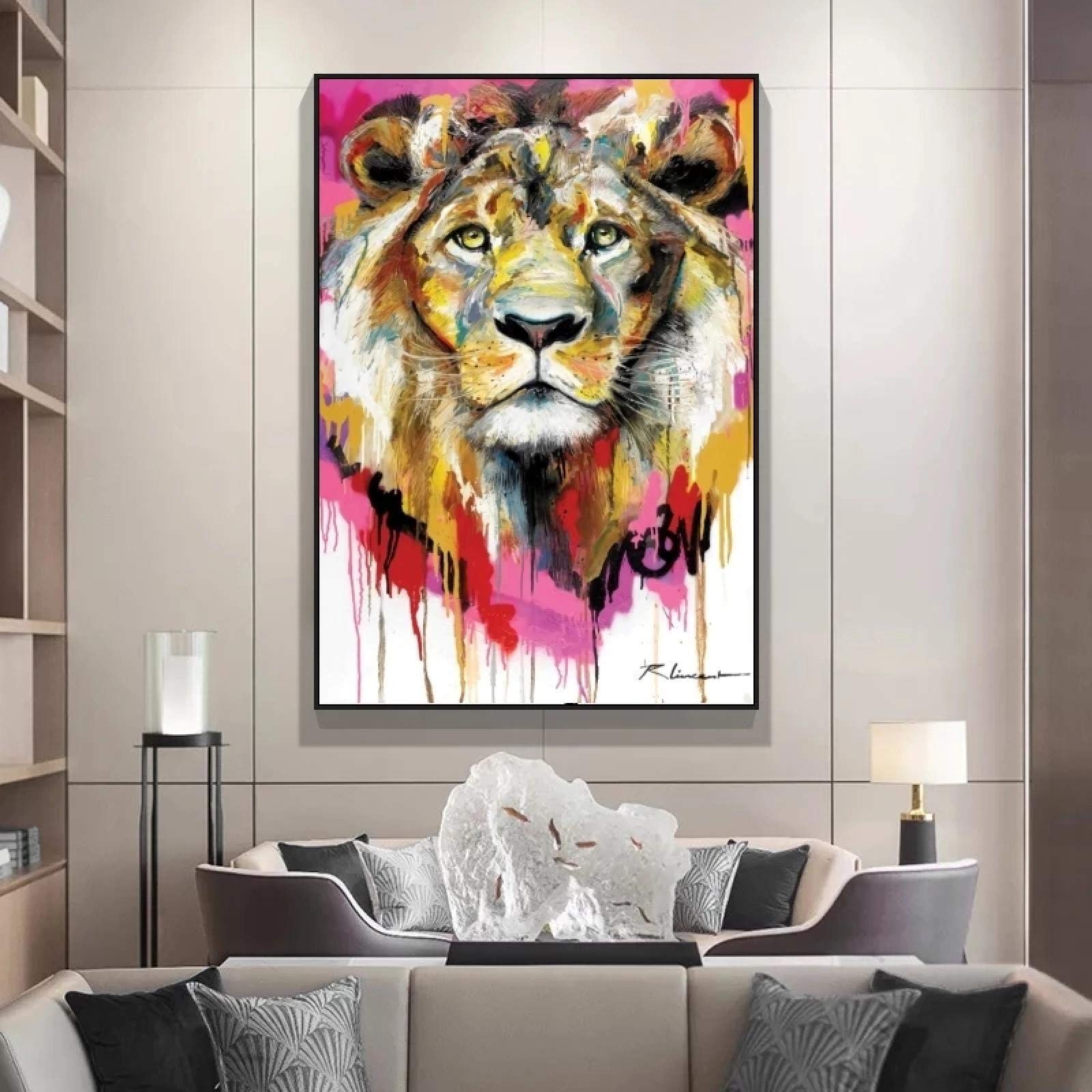 Amazon｜壁の抽象的な水彩画ライオンキャンバス絵画動物の絵画壁の写真