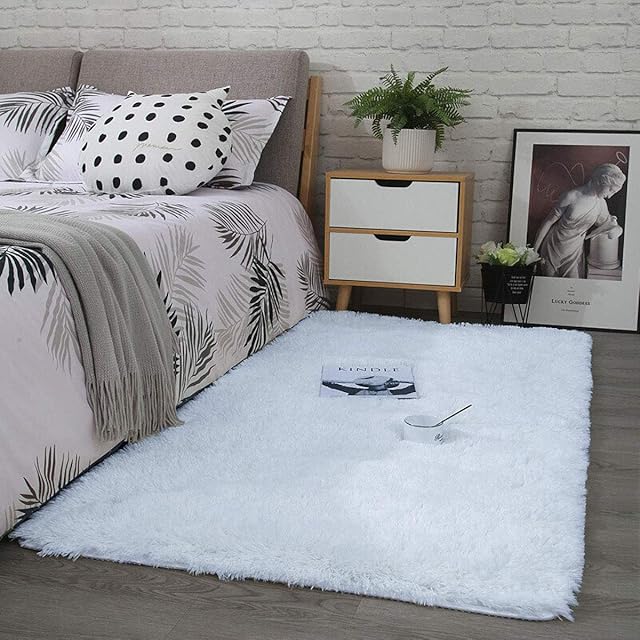 Tinyboy-hbq Area Rugs Large Living Room Carpet Shaggy Modern Plush Indoor Rug Soft and Fluffy Bedroom Rugs Anti Slip Floor Mat Children's Play Mats Suitable for Home Decor(White, 120*160cm)