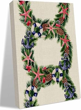 Christmas Ocean Element Wreath Canvas Wall Art Prints,30"x20" Framed Picture Artwork Pine Cone Starfish Anchor on Linen Printed Canvas Oil Painting for Living Room Bedroom Office,Ready to Hang
