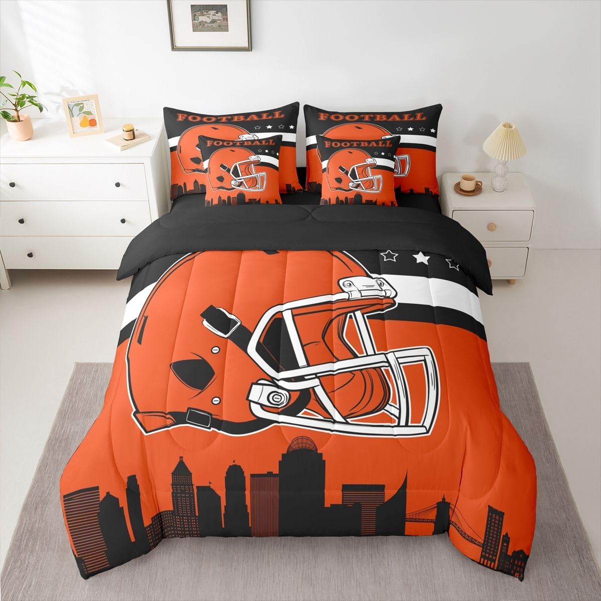Erosebridal Football 7 Pcs Comforter Set Football City Bedding Set Full Size,Kids Boys Sports Themed Bed in A Bag with Flat and Fitted Sheet for Ruby Players Lovers Bed Set with Sheets