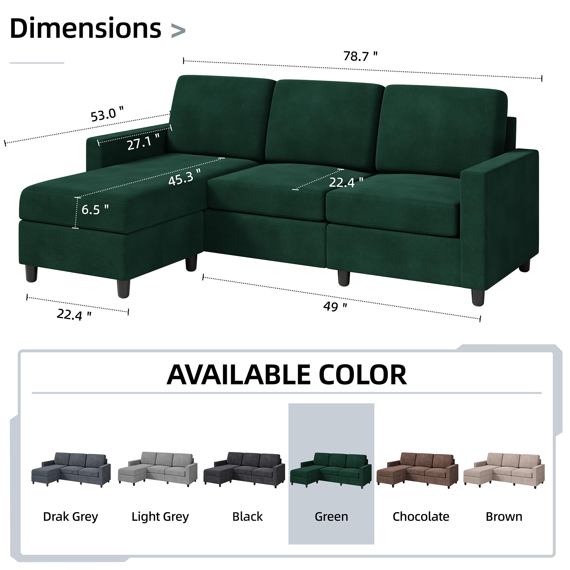 (Incomplete)Shintenchi Convertible Sectional Sofa Couch, Modern Linen Fabric L-Shaped, 3-Seat Sofa Sectional with Reversible Chaise for Living Room, Apartment and Small Space (Green)