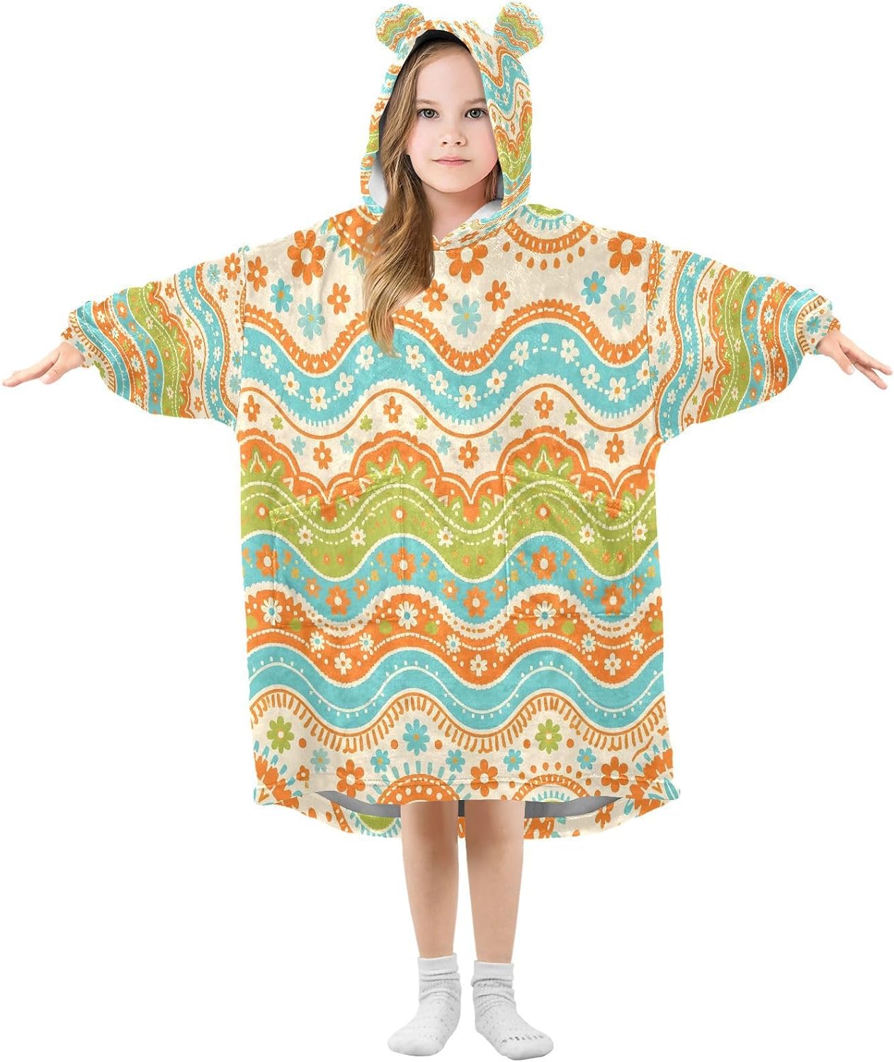 Kigai Boho Pattern Wearable Blanket Hoodie for Kids Oversized Hooded Blanket Warm & Cozy Sweatshirt with Pockets
