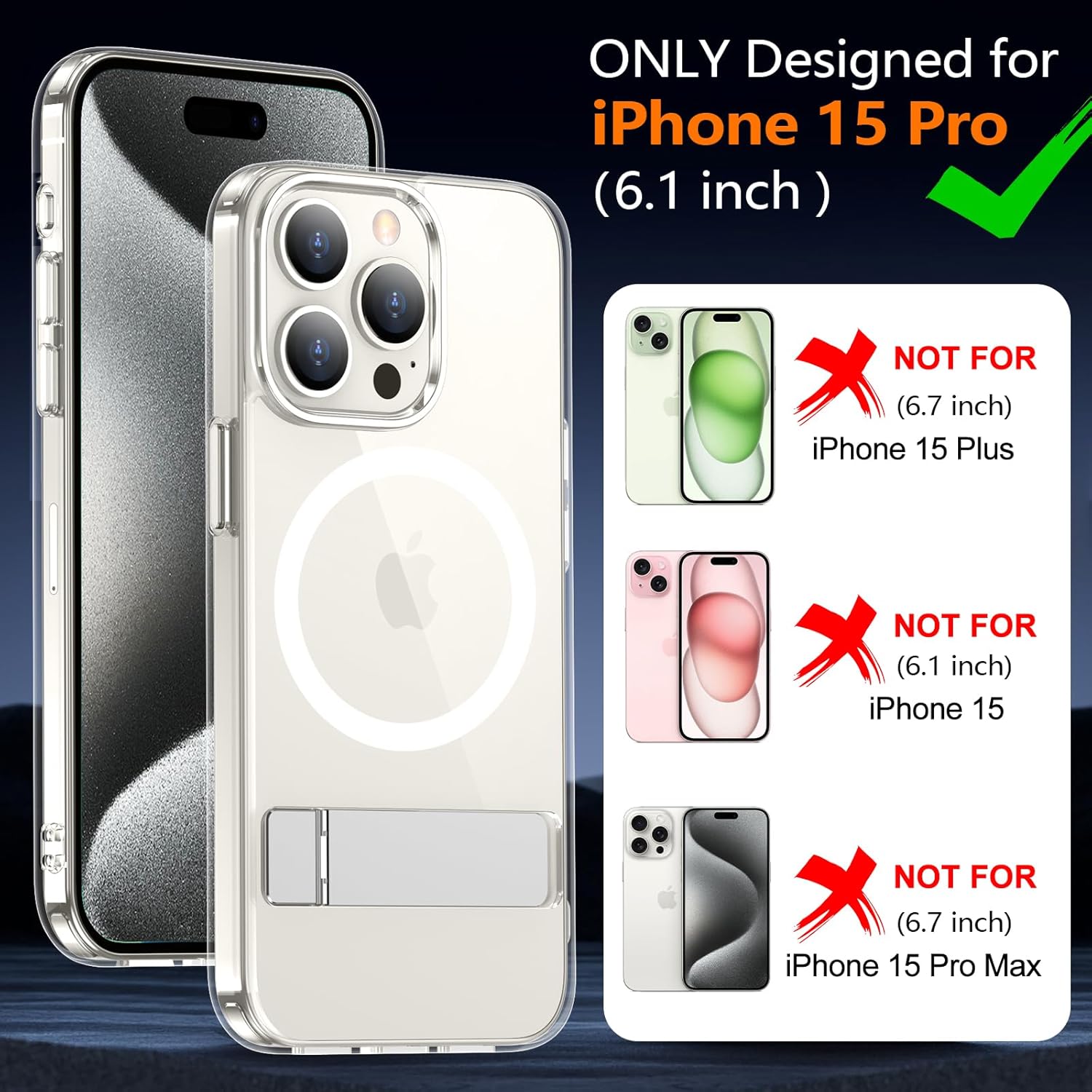 xiwxi for iPhone 15 Pro Case with Kickstand,[Compatible with Magsafe][1*Screen Protector],Military-Grade Protection & Anti-Yellowing,Magnetic Phone Case for iPhone 15 Pro,Clear - Image 2
