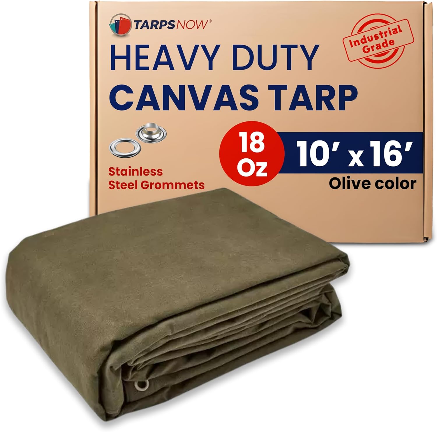 Tarps Now 10x16 ft Heavy Duty Canvas Tarp, 41 Mil, 18 Oz Industrial Grade Fabric with Stainless Steel Grommets, Reinforced Edges, Waxed Canvas Drop Cloth for Outdoors, Automotive, Construction & More