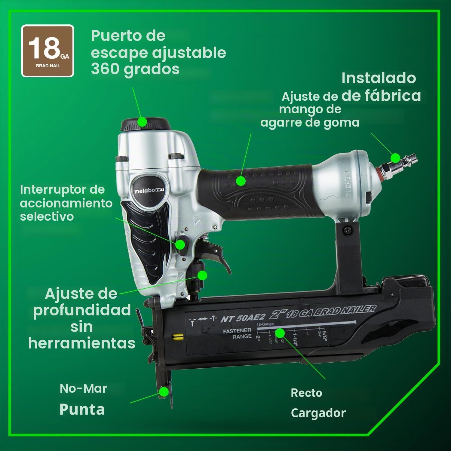Metabo HPT Clavadora Brad NT50AE2 - Clavadora neumática ligera para trabajos de corte de precisión y construcción de muebles, profundidad ajustable, calibre 18, clavos de 5/8 pulgadas hasta 2 pulgadas