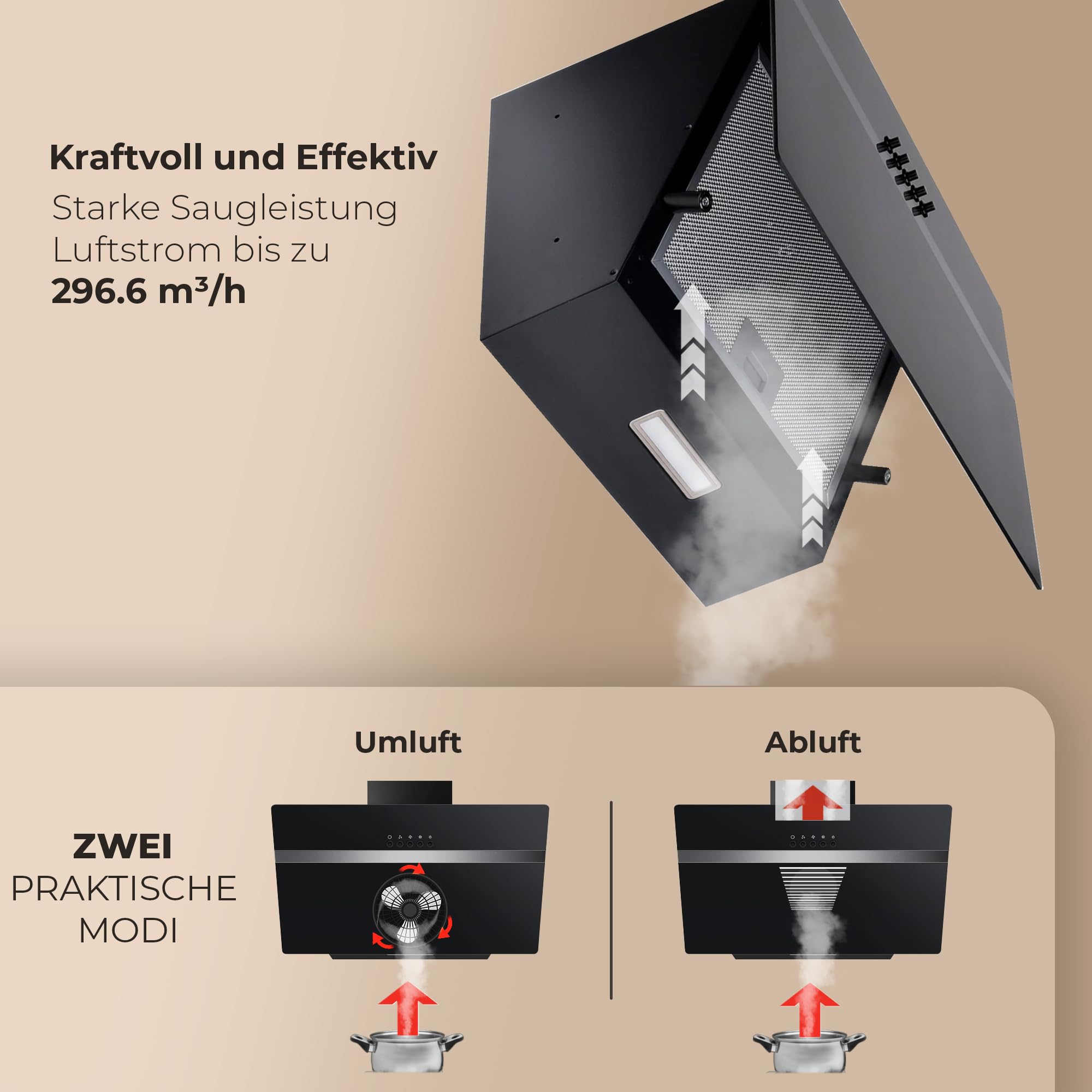 YUNA Dunstabzugshaube DUSANKA 60 cm Schwarz Glasfront 3 Leistungsstufen 47W Motorleistung Energieeffizienz A Abluft Umluft Kopffrei LED Beleuchtung Ohne Kohlefilter Wandhaube