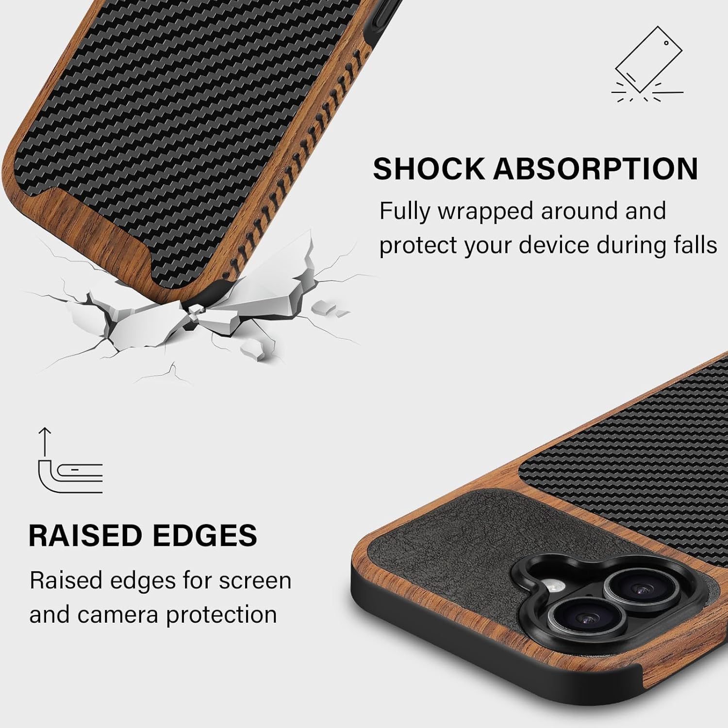 Rugged Case Compatible with iPhone 17 Case, (Natural Wood & Leather & Carbon Fiber Hybrid) Slim Phone Cover, Black - Image 3