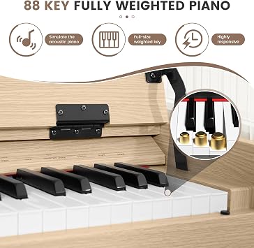 88 Key Digital Piano Keyboard with Bench, Fully Weighted Wooden Electric Piano with Triple Pedal, Headphone, Supports MIDI Connecting, French Dream Sound Source (Light Oak)