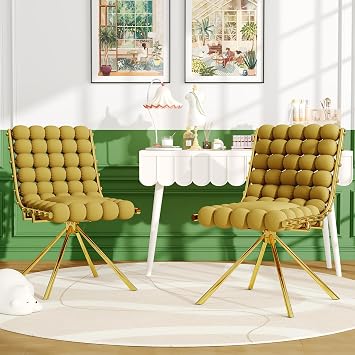 Velvet Swivel Dining Chairs Set of 2, Modern Upholstered Accent Chairs with Metal Legs, Bubble Design Velvet Chairs for Dining Room, Living Room, Bedroom, or Makeup Area - No Wheels, Mustard Yellow