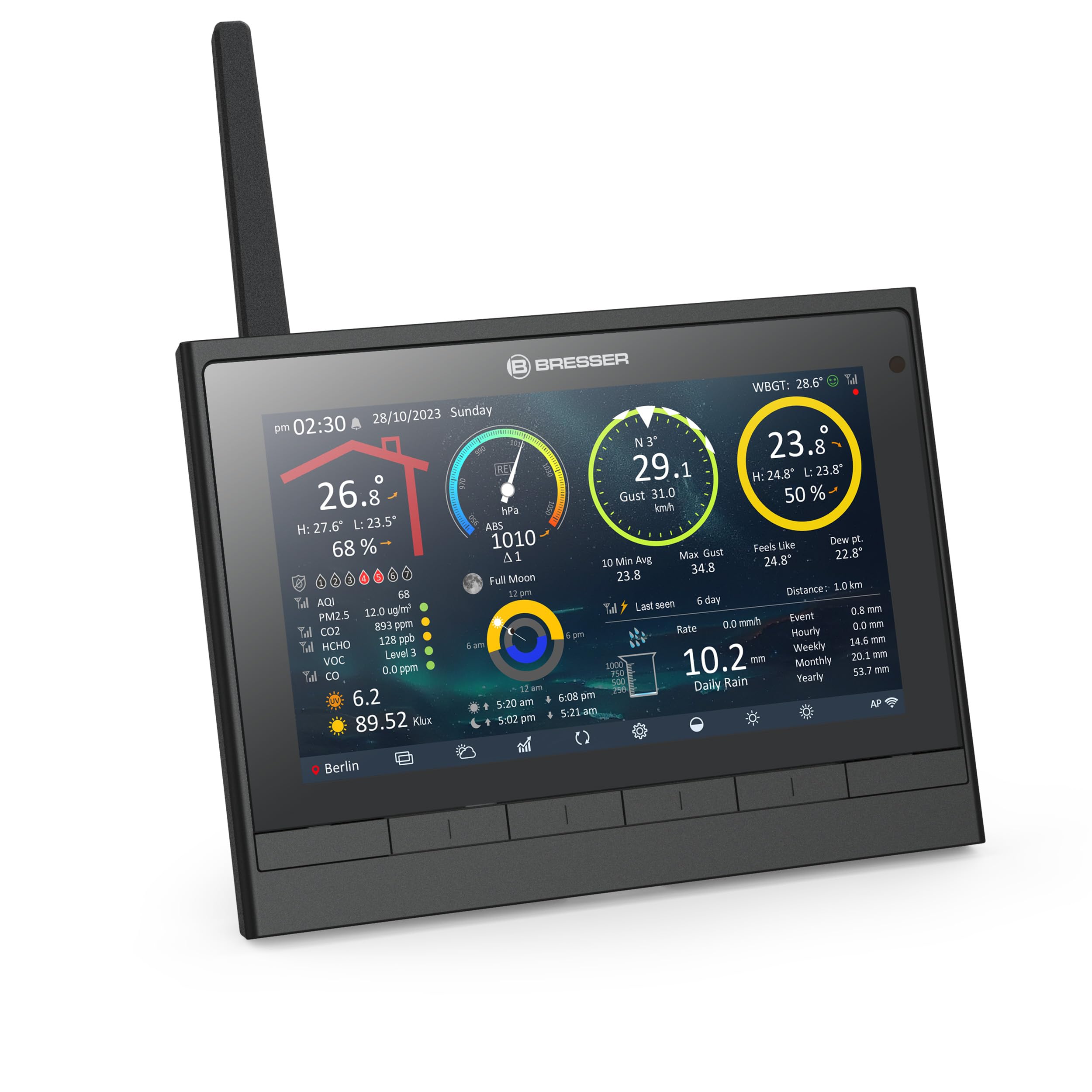 Bresser 9-in-1 MeteoChamp HD WLAN-Wetterstation mit solarbetriebenem Multisensor, Luftqualitätsanzeige, Hitzestress-Index, Datenspeicher | Innentemperatur und Außentemperatur, Luftfeuchtigkeit, Regenmesser, Windmesser, 14 Tage Wettervorhersage, App, WBGT