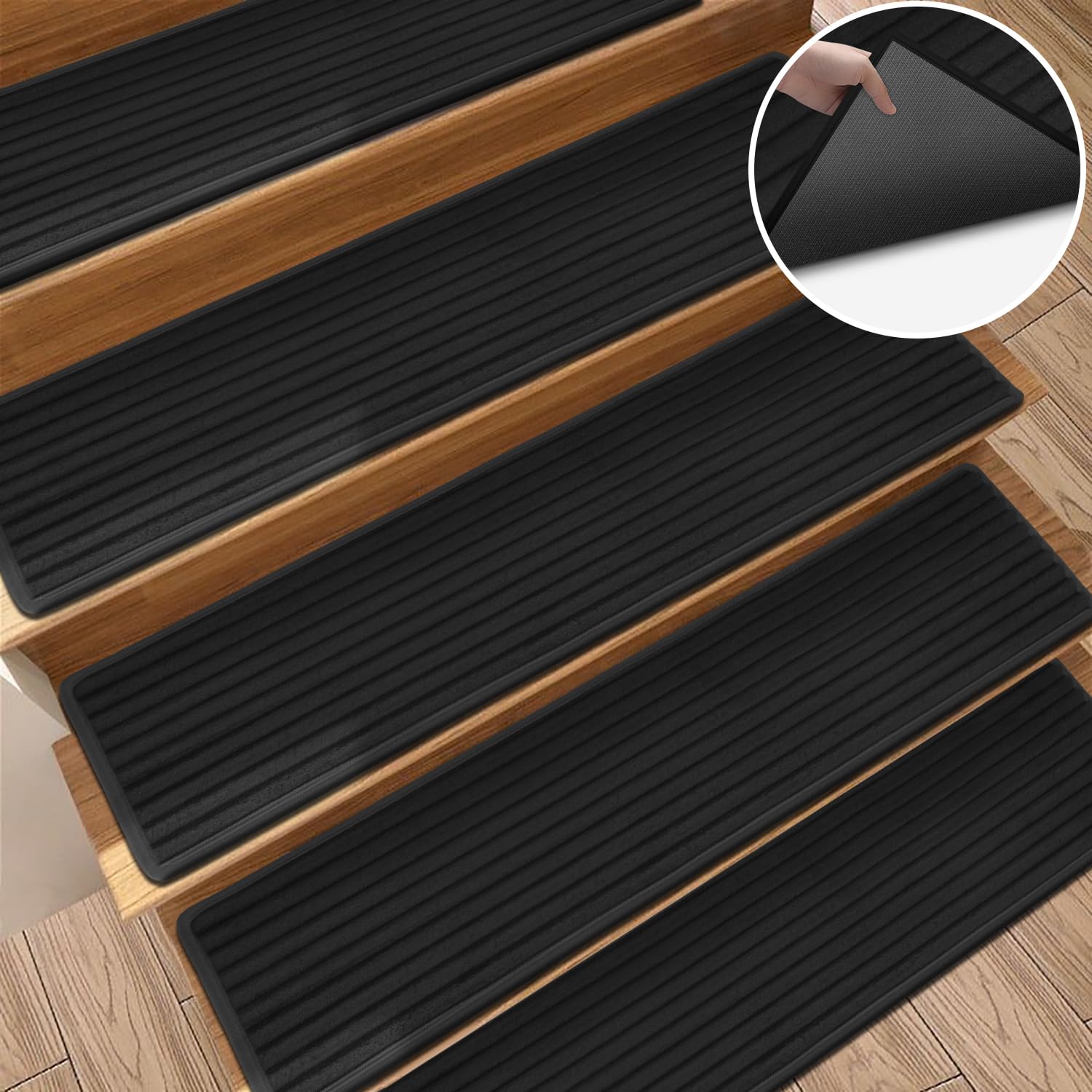 GOYLSER Non Slip Stair Treads for Wooden Steps Indoor, 15Pcs Black Stair Rug with Water Resistant Rubber Backed, Machine Washing Non Skid Removable Stair Treads for Pets Dog, Elders and Kids