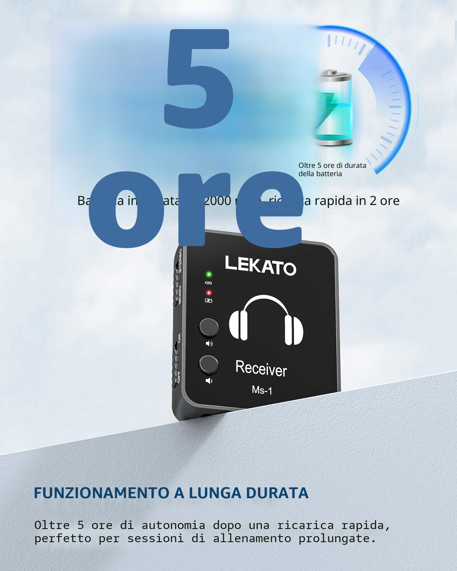 LEKATO MS-1 Wireless in-Ear Monitor System 2.4G Stereo IEM System con trasmettitore Beltpack Receiver Automatic Pairing (Nero)