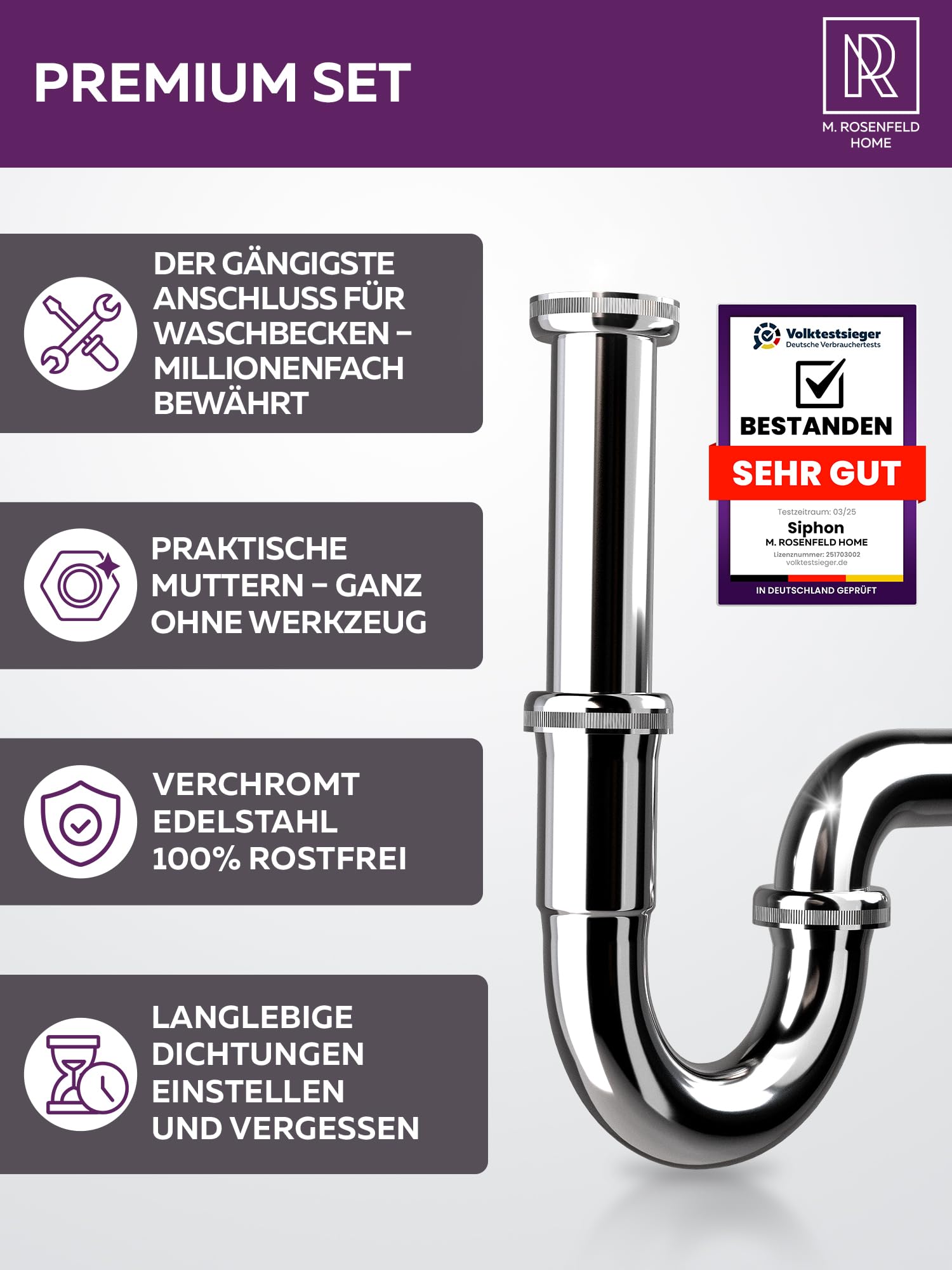 Sifone Per Lavabo Da Bagno M. ROSENFELD - Design In Ottone Cromato Con Tubo Flessibile