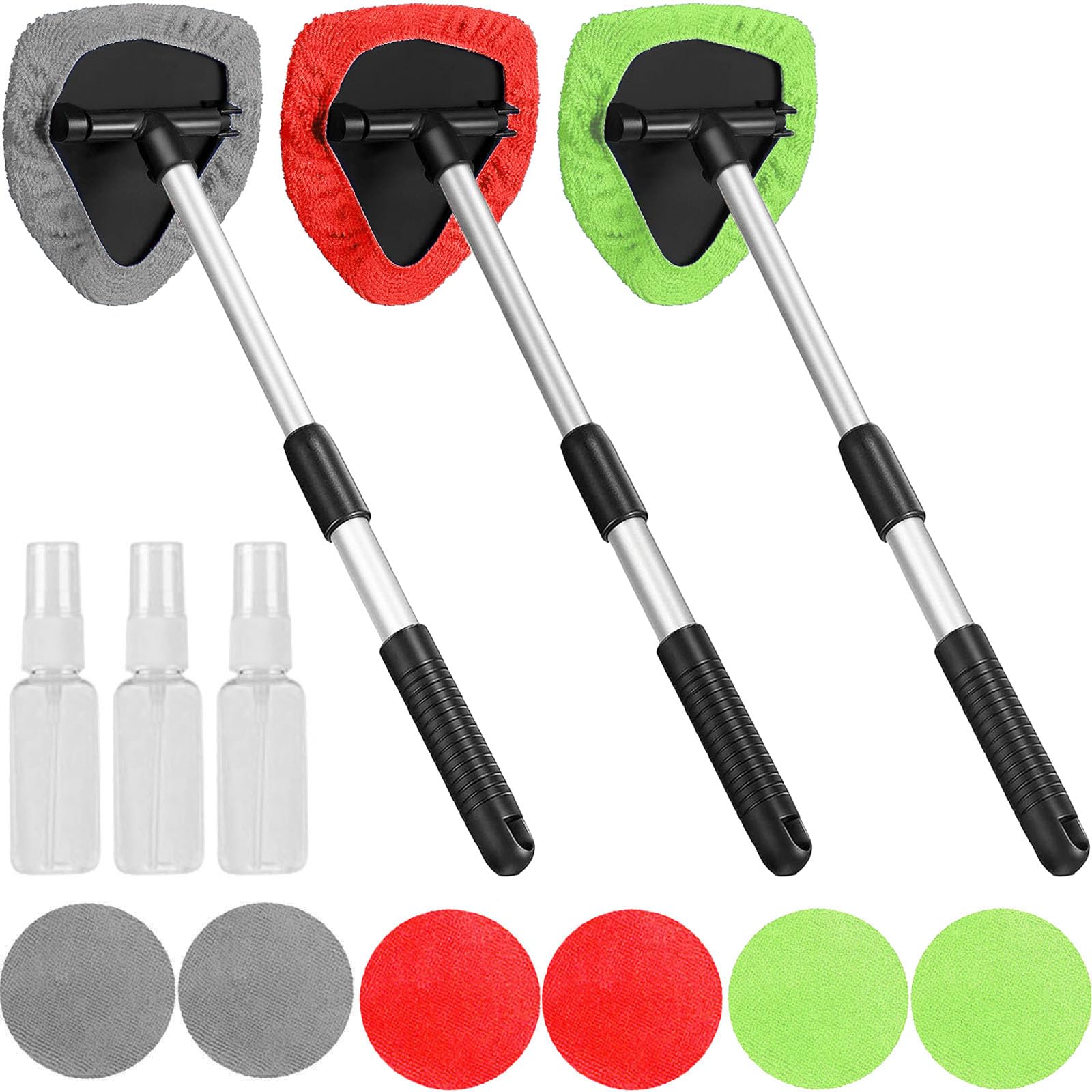 Beieverluck 3 Pieces Windshield Cleaning Tool Inside Car Window Cleaner Cleaning Tool with Extendable Handle, 9 Microfiber Pads and 3 Spray Bottles Car Auto Glass Wiper Kit