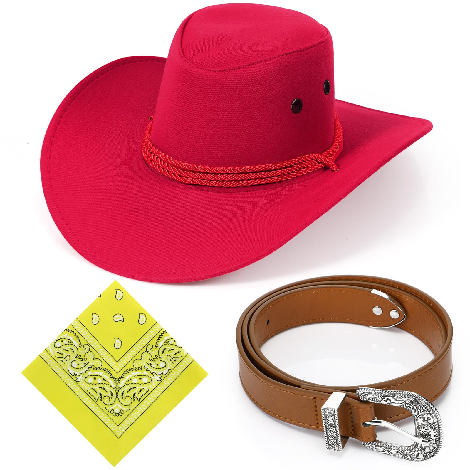 Haysandy Halloween 3 Pcs Cowboy Hat with Wide Brim Bandana Belt