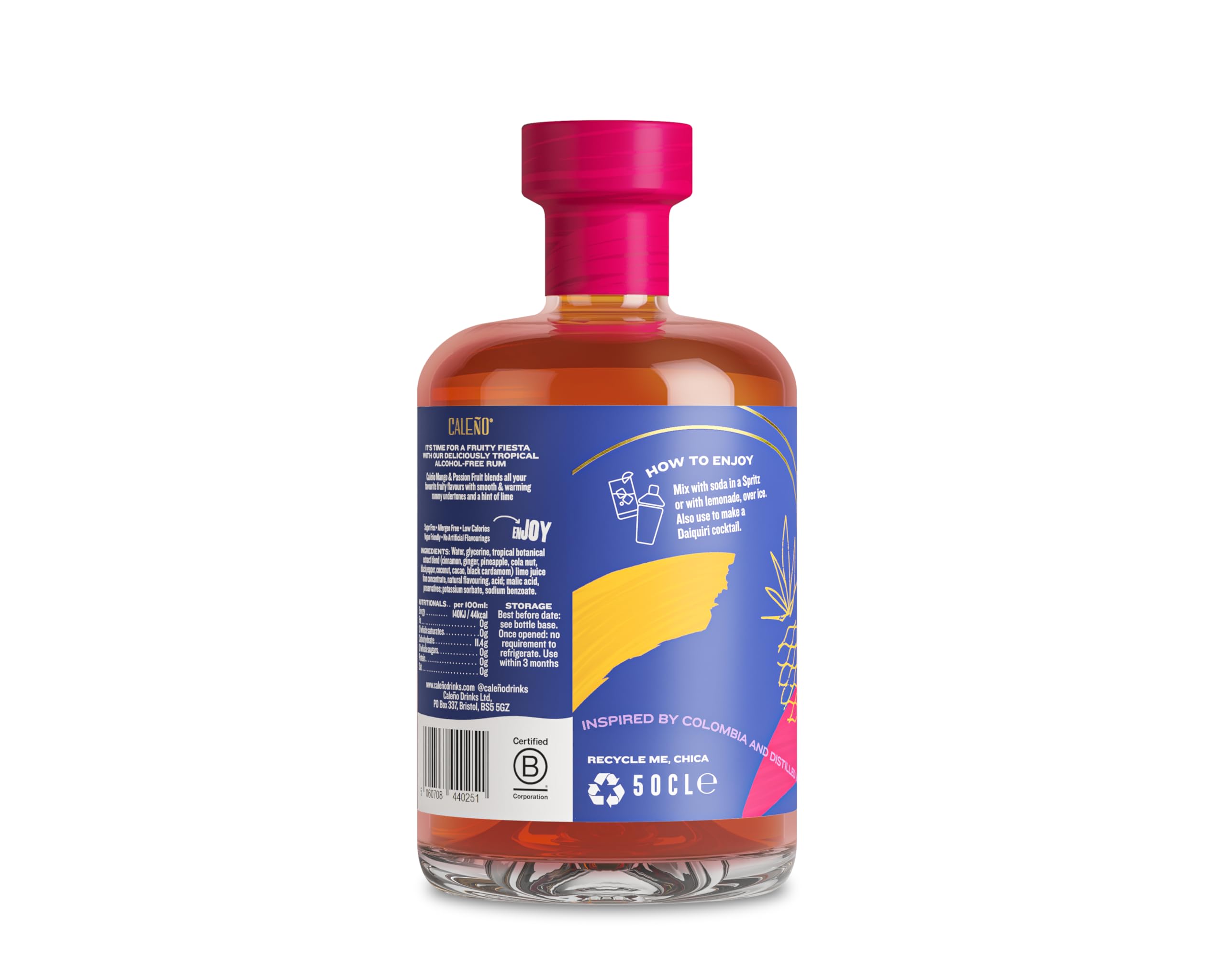 Caleño Mangue et fruit de la passion | Spiritueux sans alcool | Alternative au rhum tropical sans alcool | Faible teneur en calories et sans sucre | Sans gluten et végétalien | 50 cl