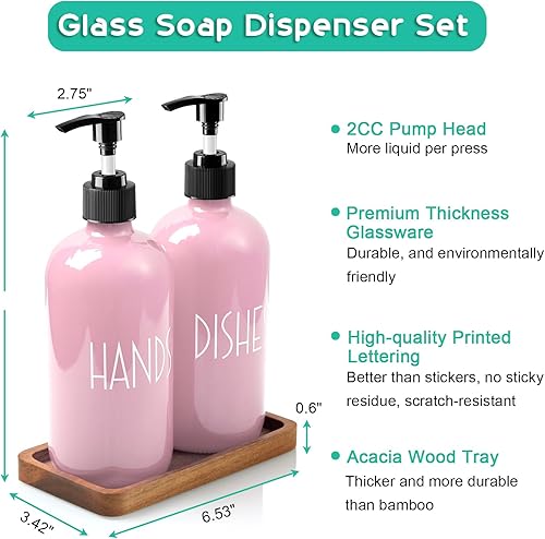 Miniatura 5 de ALELION Dispensador de jabón para platos para cocina, juego de dispensador de jabón de manos de vidrio de 16 onzas con bandeja de madera de acacia,
