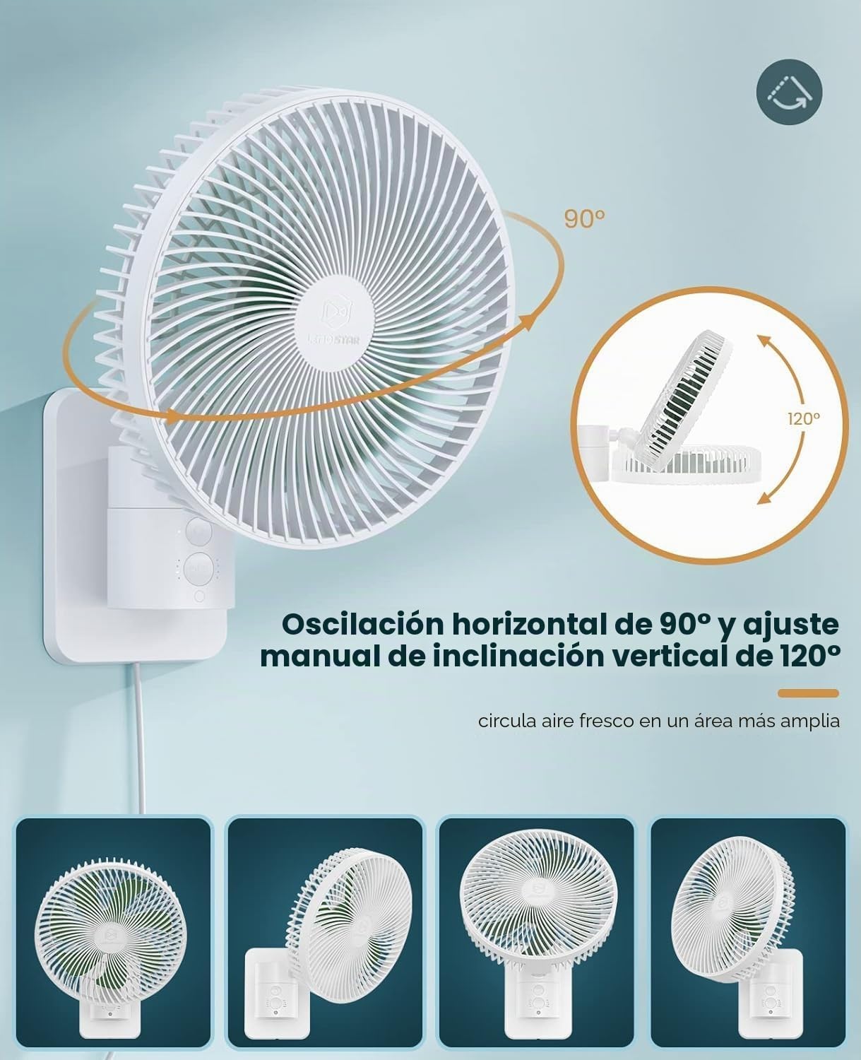 Ventilador oscilante montado en la pared de 8 pulgadas con control remoto, temporizador y ajustes de 4 velocidades, inclinación ajustable, cable de 70 pulgadas ultra silencioso, potente, 7 cuchillas,