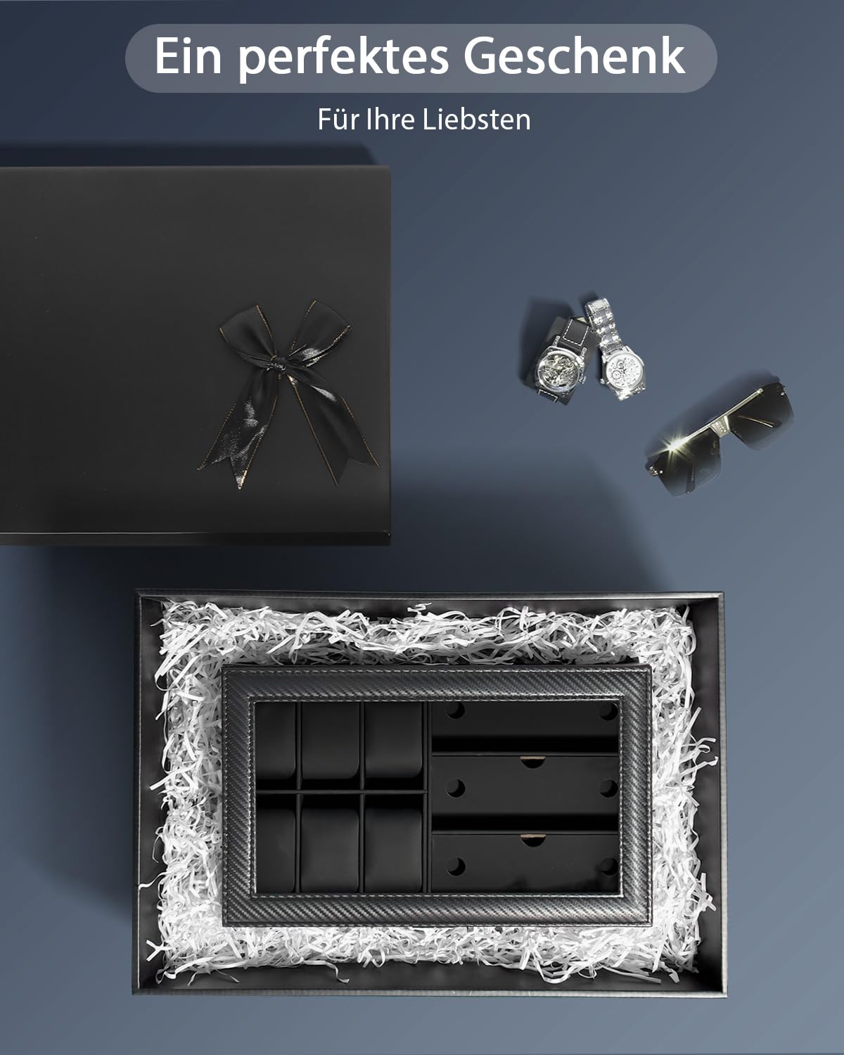 Uhren- und Sonnenbrillenbox mit Glasdeckel – Schmuckkasten für Herren, 6 Fächer, 2 Ebenen, Uhrenetui mit Schloss, Aufbewahrungsbox & Display – Vatertagsgeschenk, Geschenk für Männer