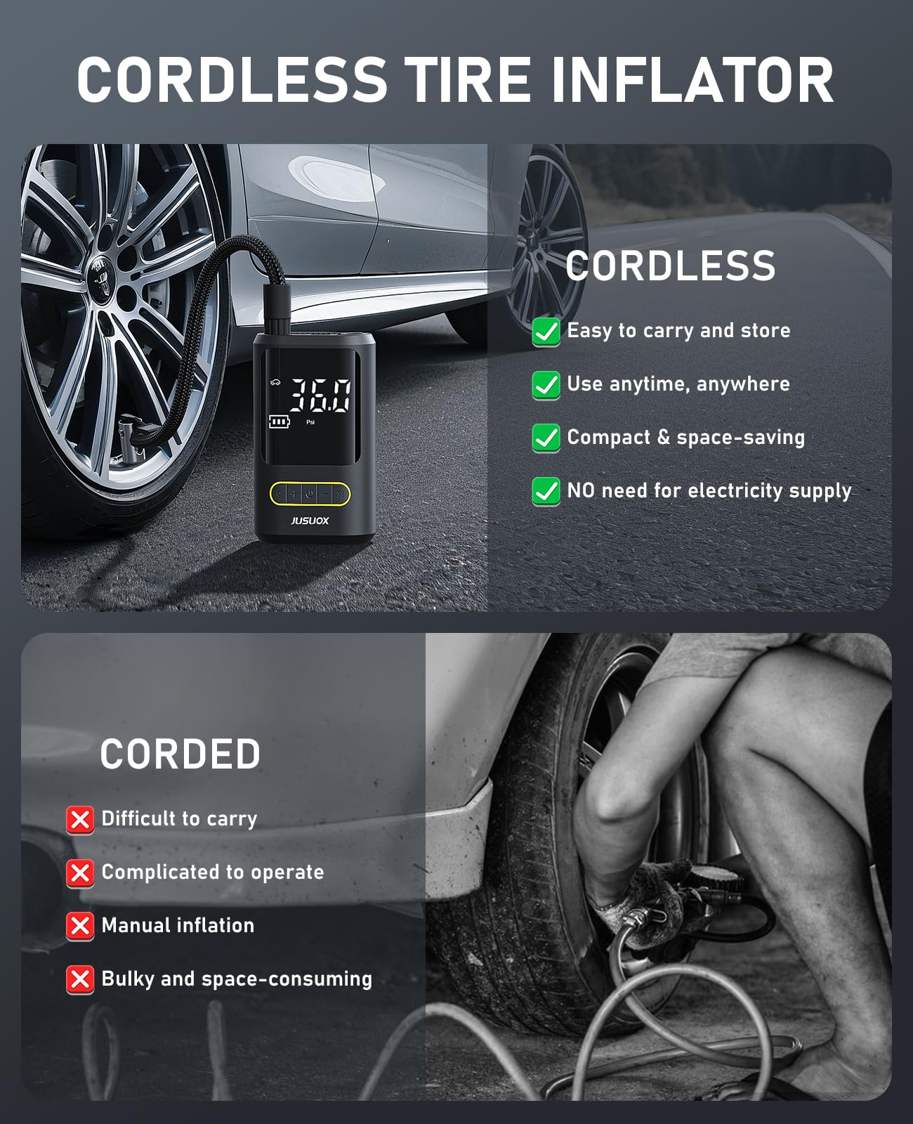 Tire Inflator Portable Air Compressor Electric Bike Pump with Digital Pressure Gauge 150 PSI Cordless Air Pump for — view 6