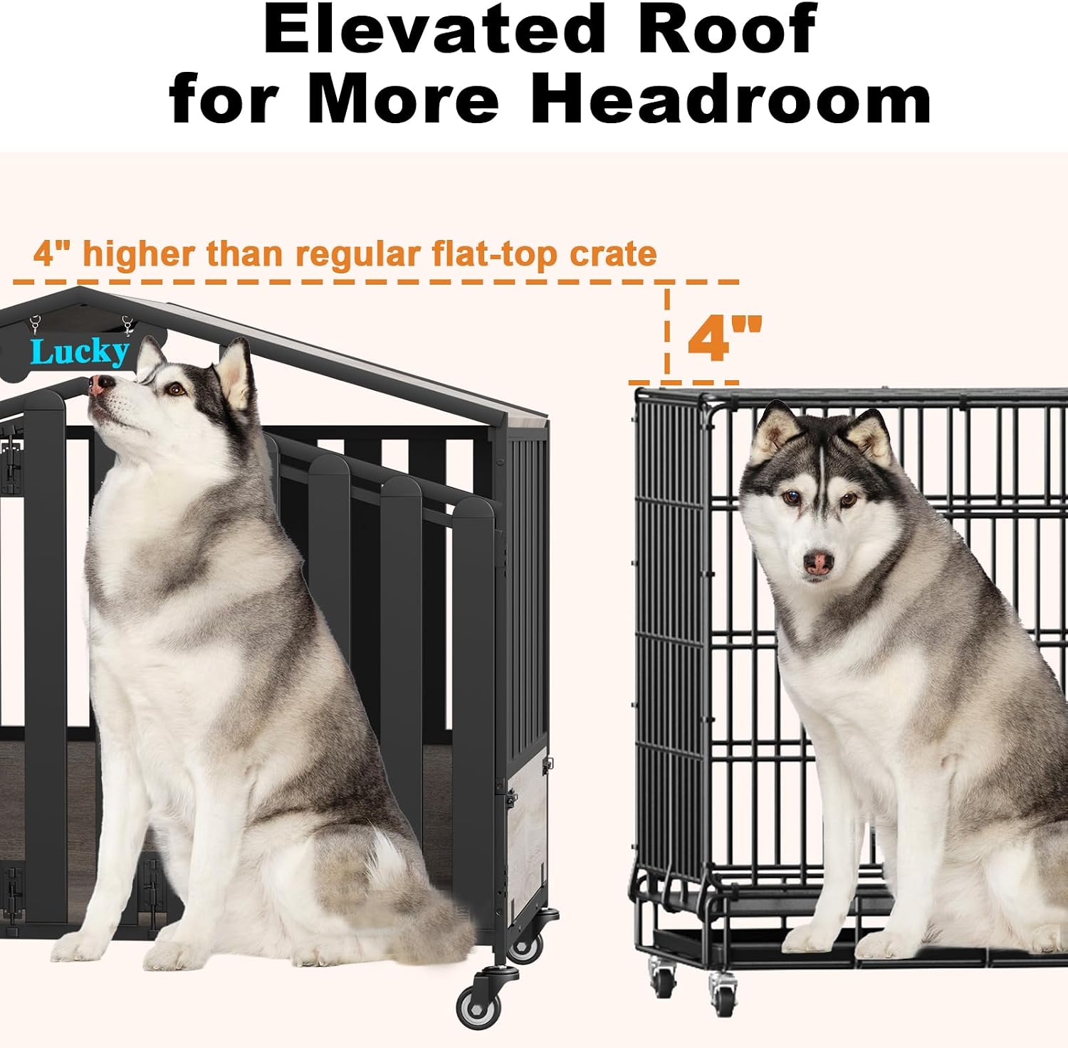 EasyCom 48" XXL Heavy Duty Dog Crate Furniture, Dogs Kennel Indoor with 360° Wheels, Dog Kennels for Large Dogs(Over 60lb), Dog Crate with Feeding Window and Name Tag, Dog House, Oak Grey