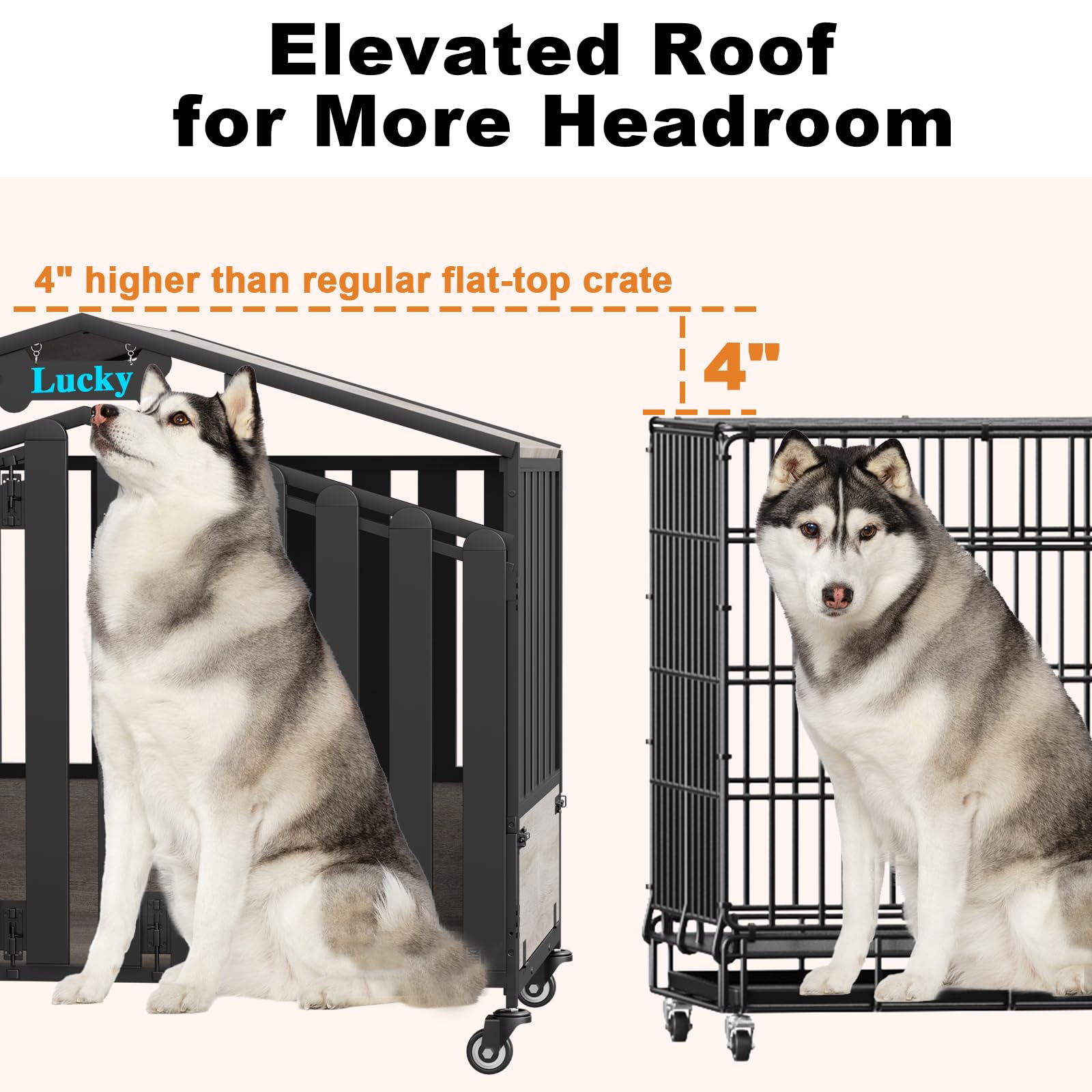 122cm XXL Große Hundekäfig Möbel, mit 360° Rollen und Namensschild, Holz Hundebox für Zuhause mit Futterklappe, 2 Türen, Dicke Stahlplatten, Kau-/Ausbruchsicher, 122x72x79cm, Eichengrau
