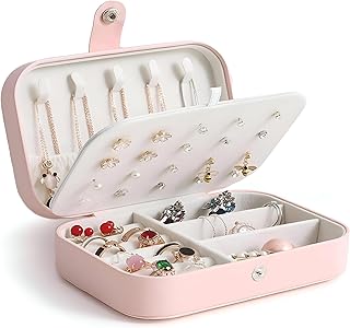 منظم مجوهرات - شنطة سفر جلد صغيرة مع ثلاث طبقات وخطافات للنساء والبنات، صندوق تخزين مثالي للحلقان والخواتم والأساور