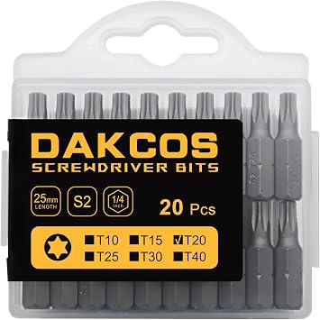 DAKCOS 20-Piece T20 Torx Bit Set, Premium S2 Alloy Steel 1-inch Long Screwdriver Insert Bits Hex Shank with Quick Release Slot