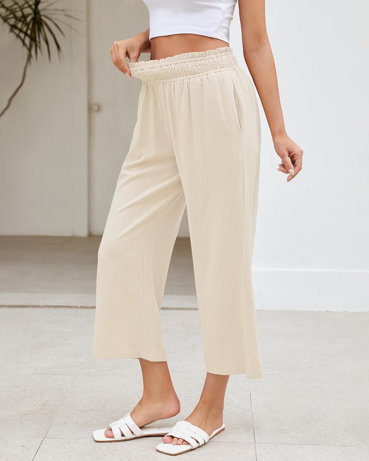LookbookStore Women's Wide Leg High Waisted Linen Capri Pants - Image 4