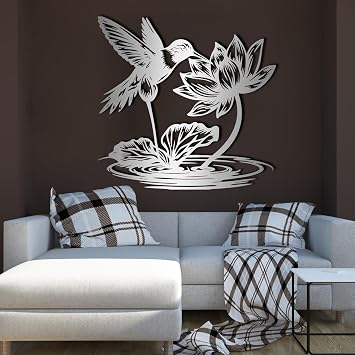 Metal Hummingbird Wall Decor, Hummingbird and Lotus Metal Wall Art, Lotus Wall Hanging, Bird Wall Art, Nature Decor, Wall Hanging for Living Room, Garden Silver, 47"x46"/120x117cm, metal wall art