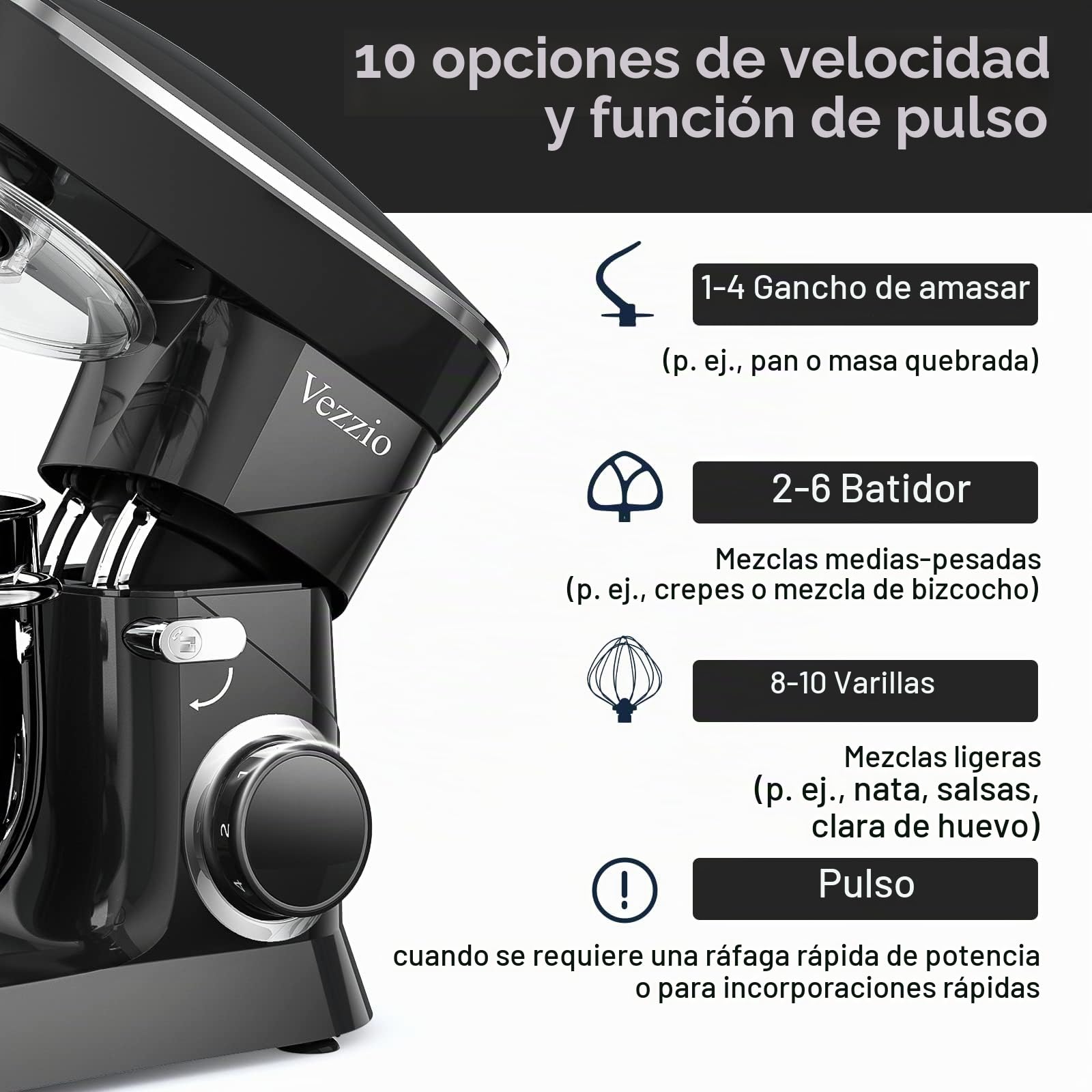 Batidora Amasadora Vezzio 8.5L Repostería Profesional 1500 W 6 Velocidades Robot de Cocina Batidora Multifunción Bajo Ruido Bol de Acero Inoxidabl, Amasador, Batidor y Varillas (Black)