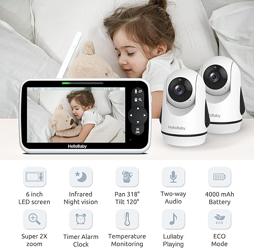 Miniatura 2 de HelloBaby Monitor de video para bebés con pantalla grande IPS mejorada de 6 pulgadas, pantalla dividida con 2 cámaras, visión nocturna y monitoreo