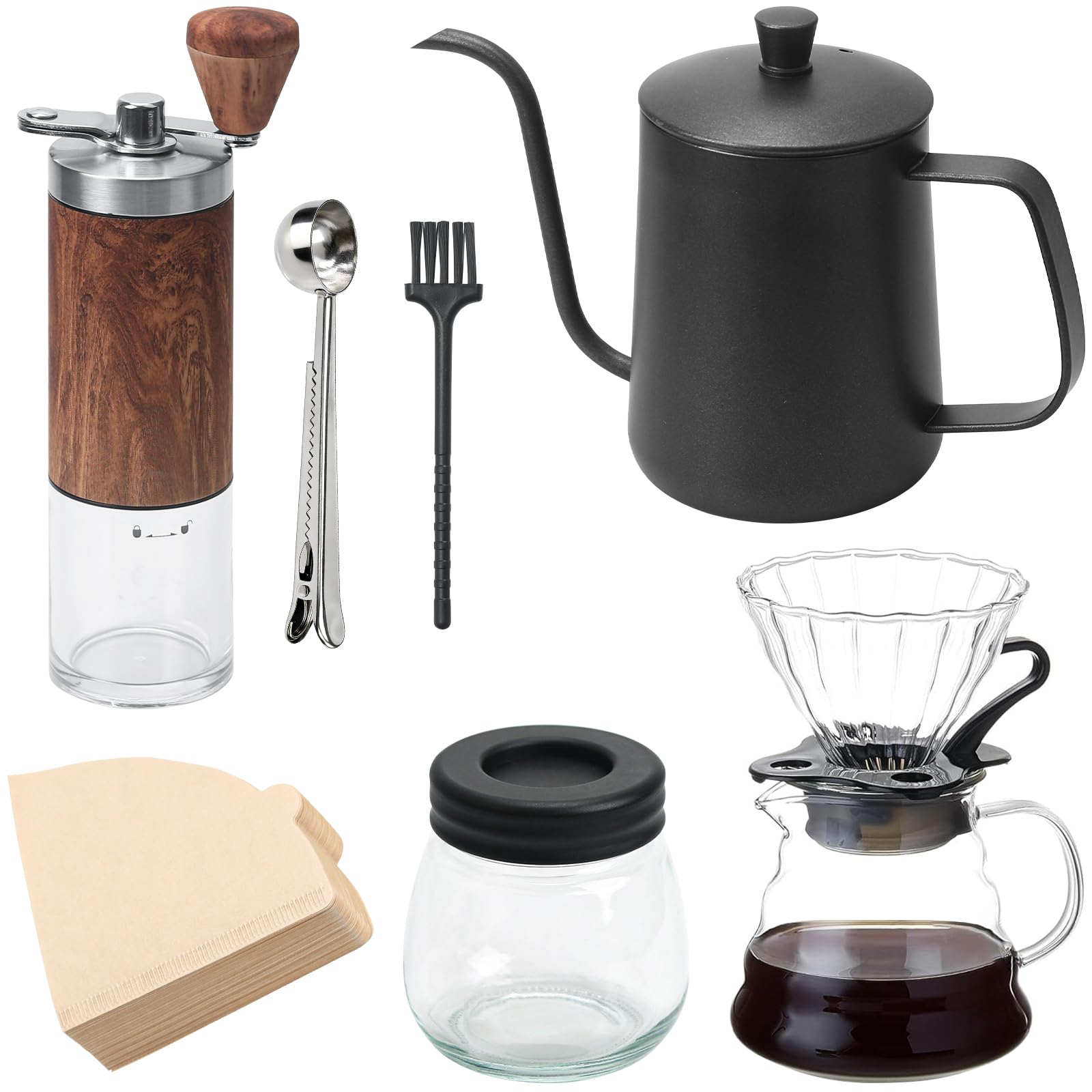 Ensemble de moulin à café manuel de 7 pièces,ensemble d'outils de brassage de café portable,Coffee Grinder Degré avec bouilloire 600ml,Mouture Réglable,Outdoor Travel Picnic（100 filtres）