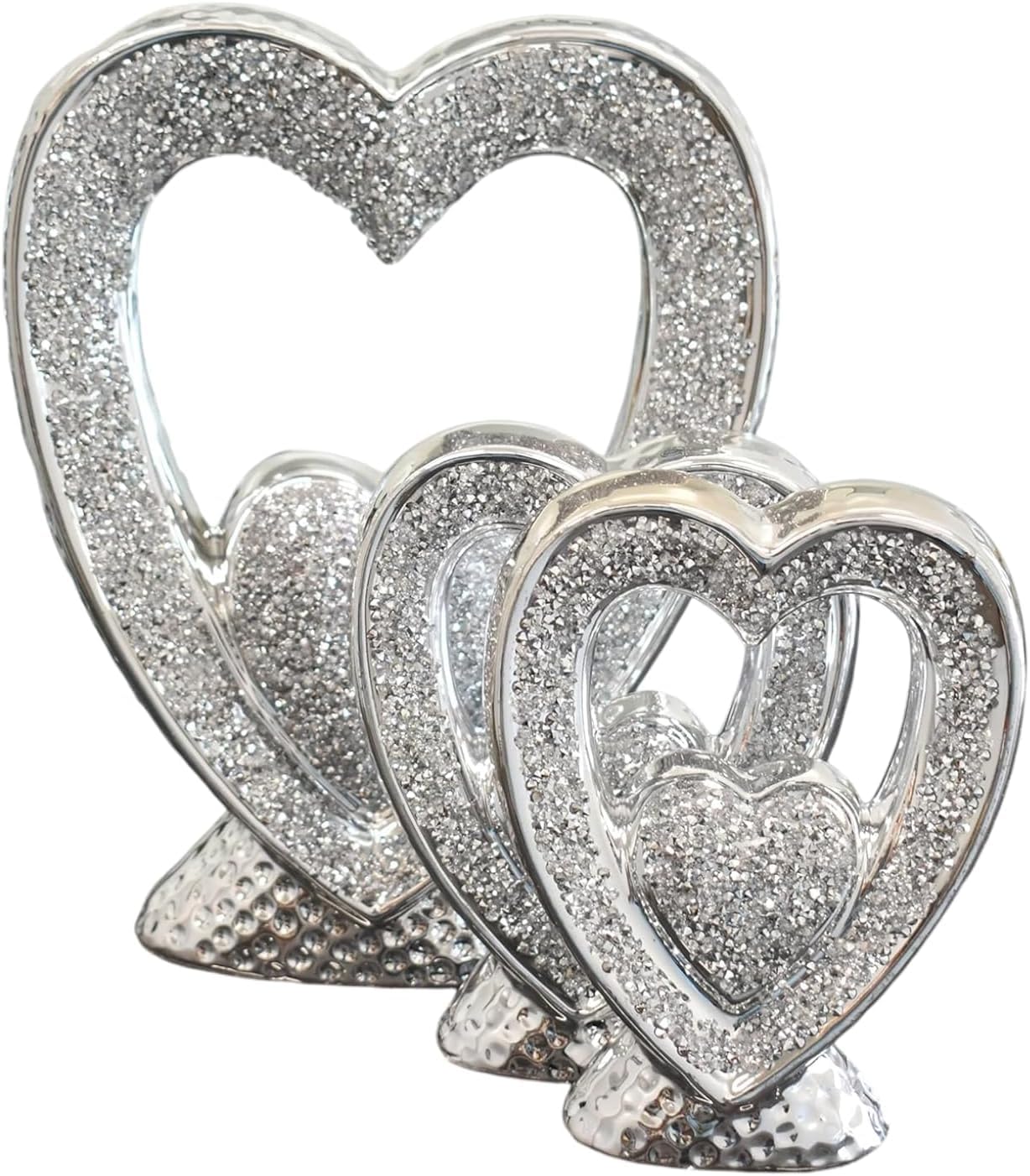 JAYOGLA Decorative Heart Sculptures Set of 3, Silver Glitter Ceramic, 25cm x 20cm, Wedding Anniversary Home Decor