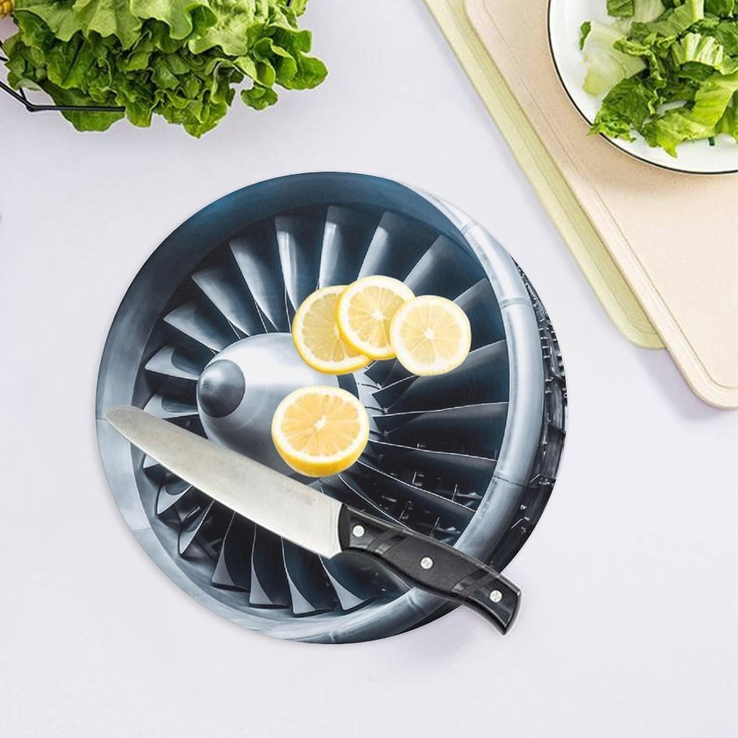 Jet Engine Tempered Glass Chopping Block | 7.9 Inch Round Non Slip Glass Cutting Board Kitchen Prep Tray for Household Daily Cooking Outdoor Picnic Use