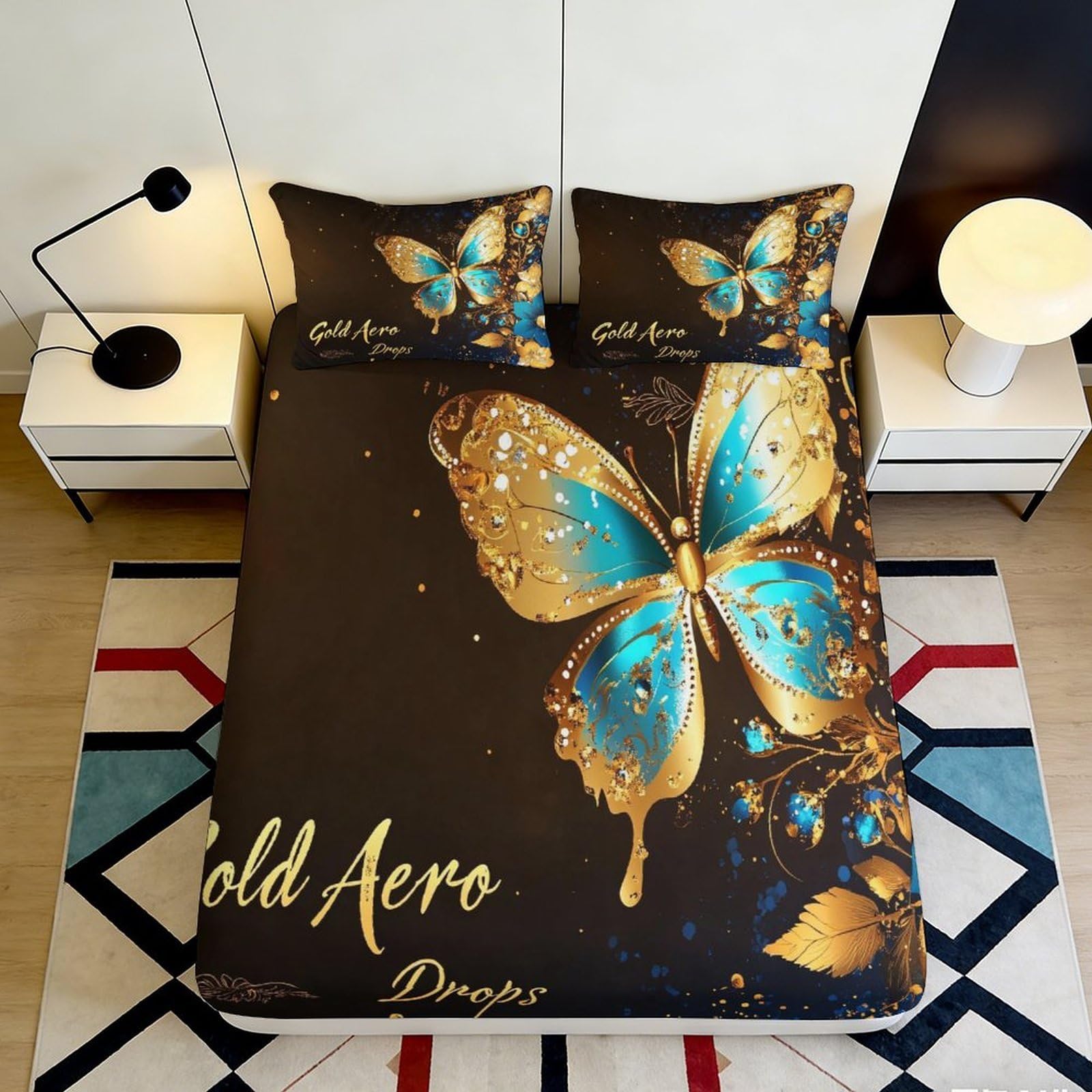 3D Printed Blue Gold Butterfly Fitted Sheet Microfiber Soft Anti-Slip Artistic Bed Cover for Bedroom Guest Room 140x200x25cm