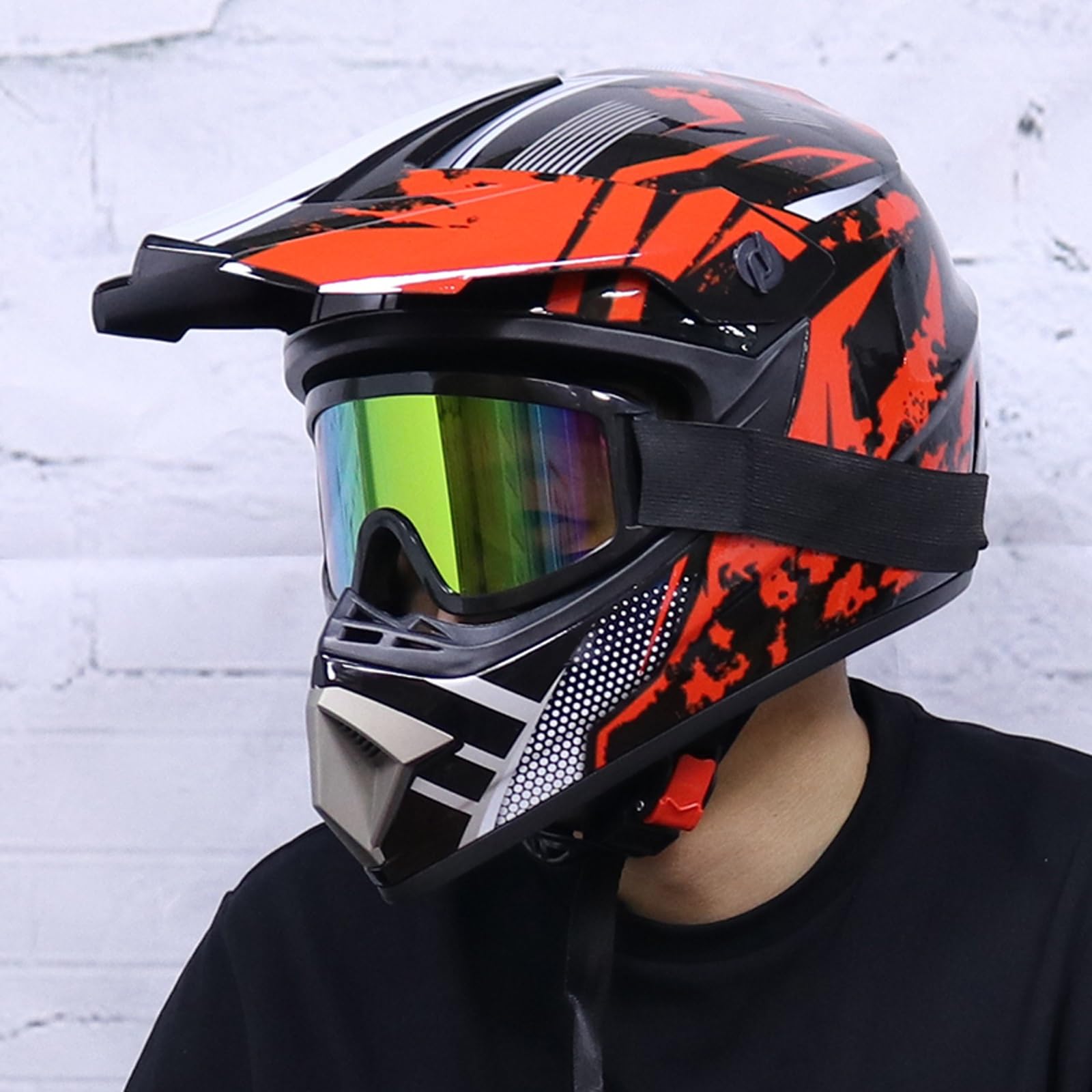 Set Casco Motocross con Guanti/Occhiali/Maschera/Rete Moto Elastica, Nero e Rosso, Kit Casco Moto Cross Unisex Adulto Downhill Offroad Enduro Caschi Moto Sportivi con Fodera Rimovibile