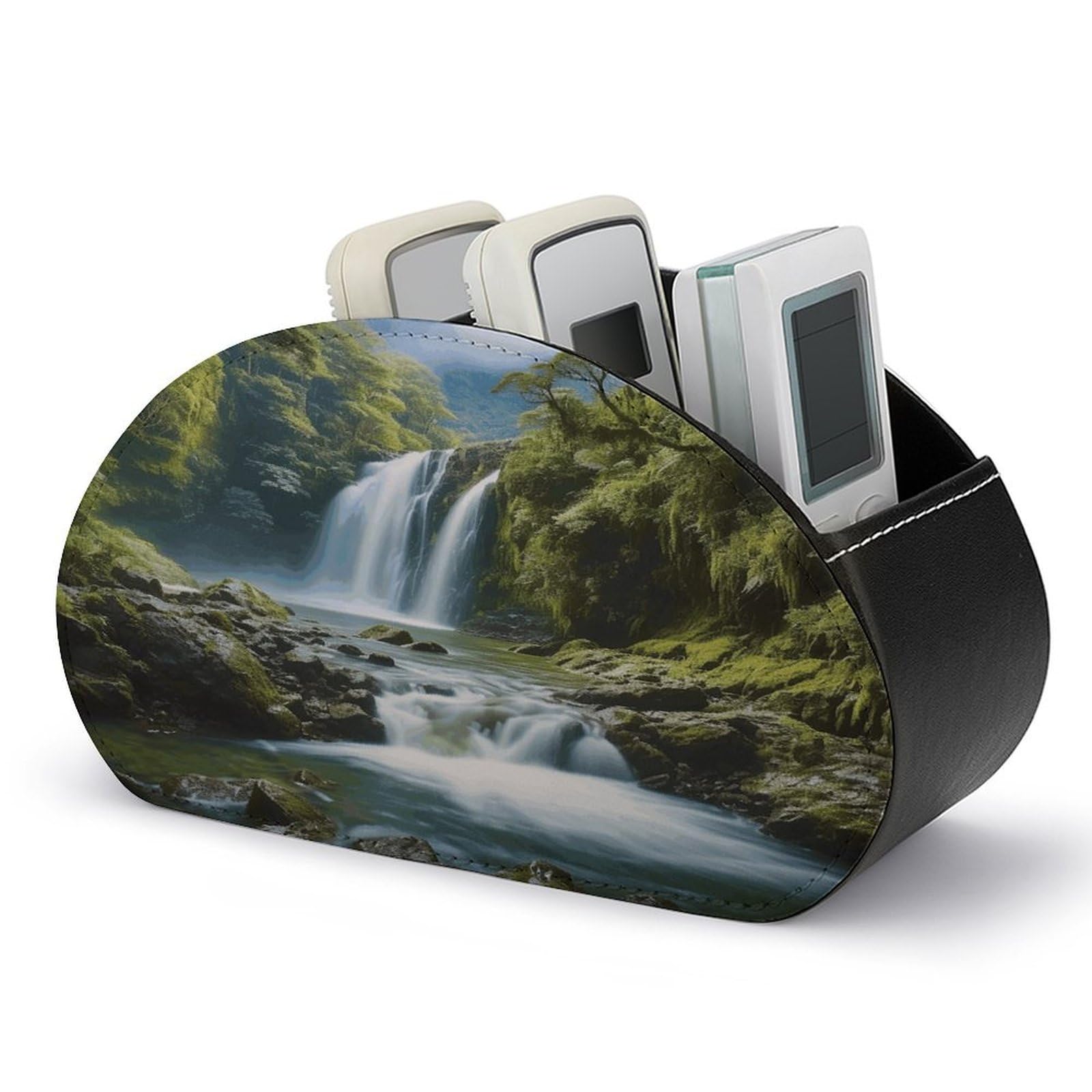 FekiLoot Waterfall Landscape Painting Remote Control Holder, PU Leather Remote Control Organizer Box Stationery Remote Control Box Desk Storage Organizer for DVDs,Glasses,Pens,Media Players