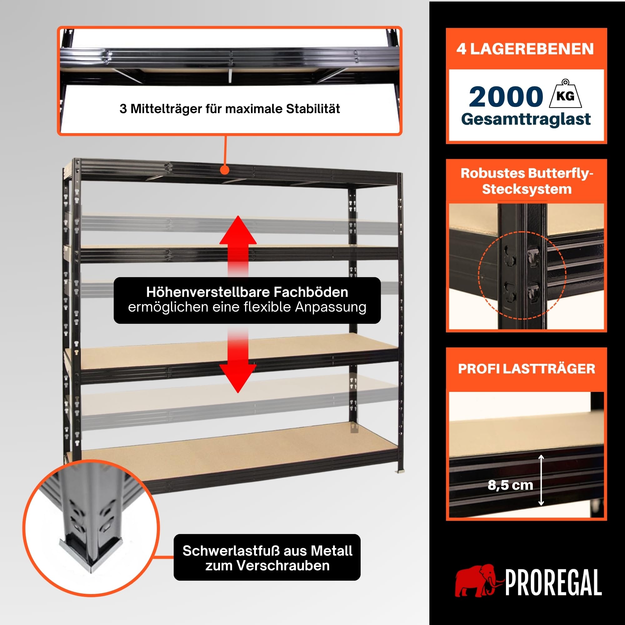 PROREGAL Scaffale professionale per carichi pesanti RHINO | AxLxP 180x200x60cm | 4 Ripiani in truciolato 8mm | Portata per ripiano 500kg | Nero