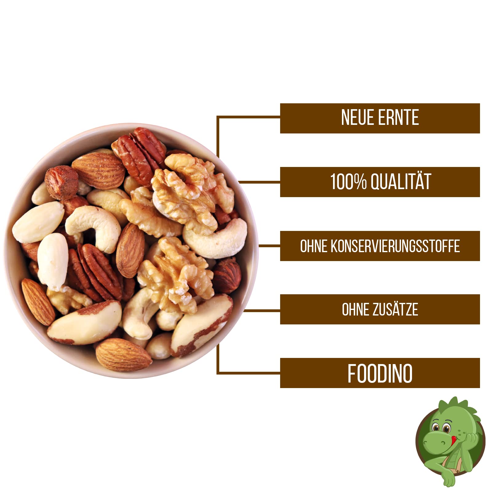Nussmischung Natur mit Mandeln blanchiert Mandeln mit Haut Haselnüsse mit Haut Cashewkerne Paranüsse Pekannüsse Walnüsse alle naturbelassen 500g - 5kg Studentenfutter Mix (3kg im praktischen Eimer)