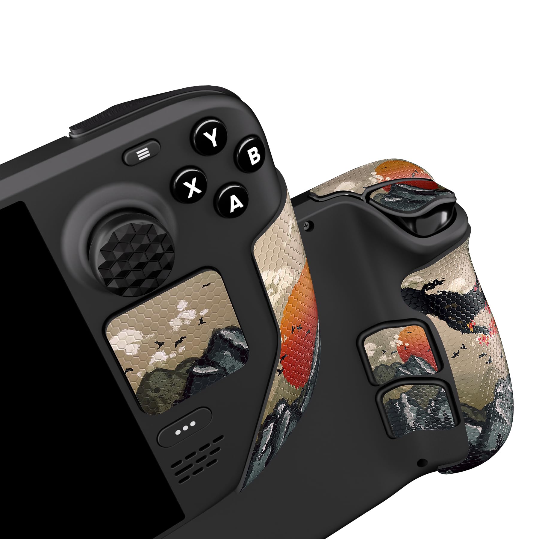 PlayVital Professional Textured Handle Grips for Steam Deck LCD &amp; OLED, Trackpads Enhancement Back Button Set with Thumb Grip Caps - View of Rising Sun