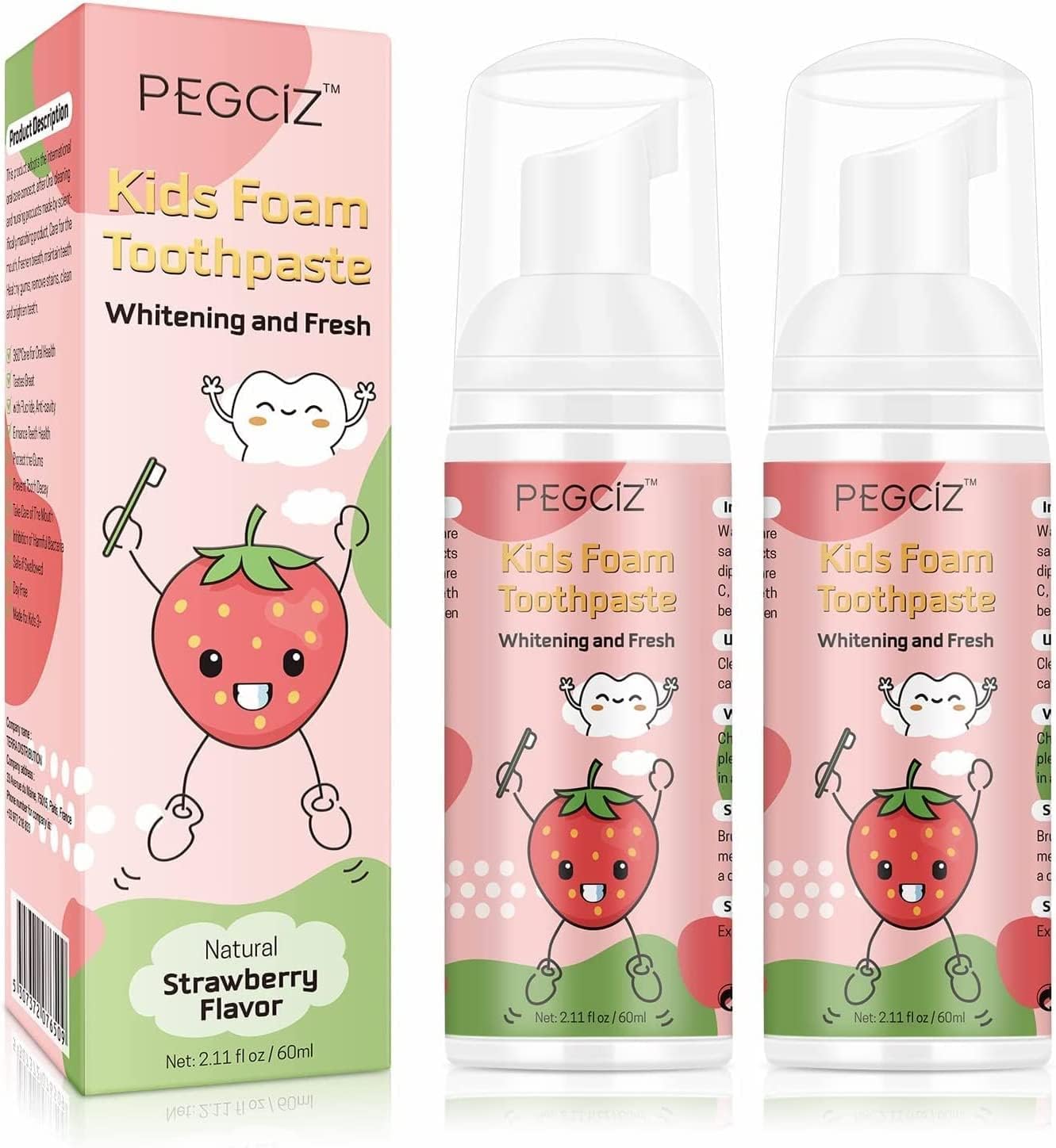 Kids Foam Toothpaste 2 Pack Low Fluoride,Toddler Anti-Cavity Foaming Toothpaste for U Shaped Toothbrush Electric Toothbrush for Children Kids Ages 3 Plus,Strawberry Flavor