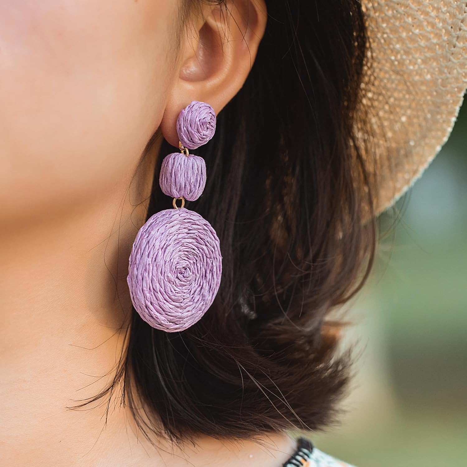Statement Raffia Boho Round Dangle Ball Earrings - Cute Handmade Summer Bohemian Dangling Jewelry for Women - Image 7