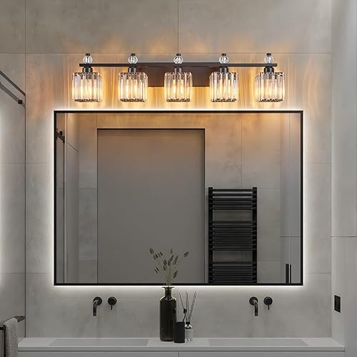 Miniatura 3 de Luces de tocador de 5 luces modernas de cristal arena negra para baño, accesorios de iluminación de tocador de baño de cristal sobre espejo