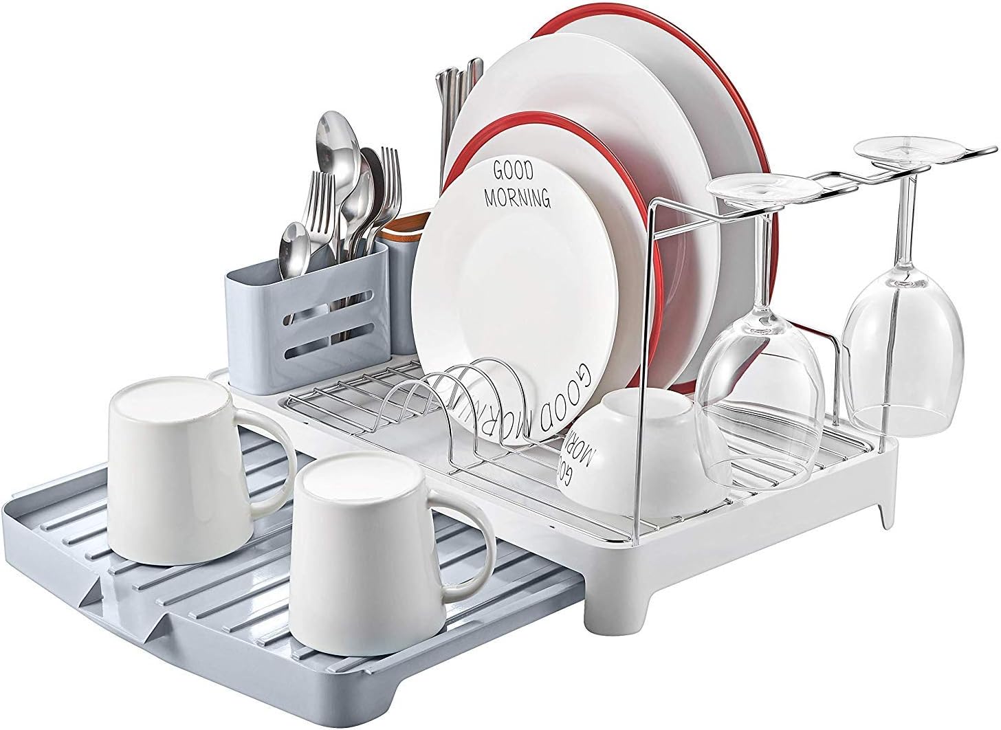 Stainless Steel Dish Drying Rack 4 PC Combo with Extendable Drip Tray, Cutlery Holder, DIY Wine Glass Holder for Kitchen,Utensil Drying Rack